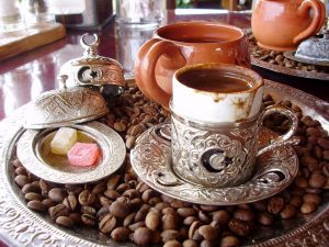 enjoying turkish coffee with dessert